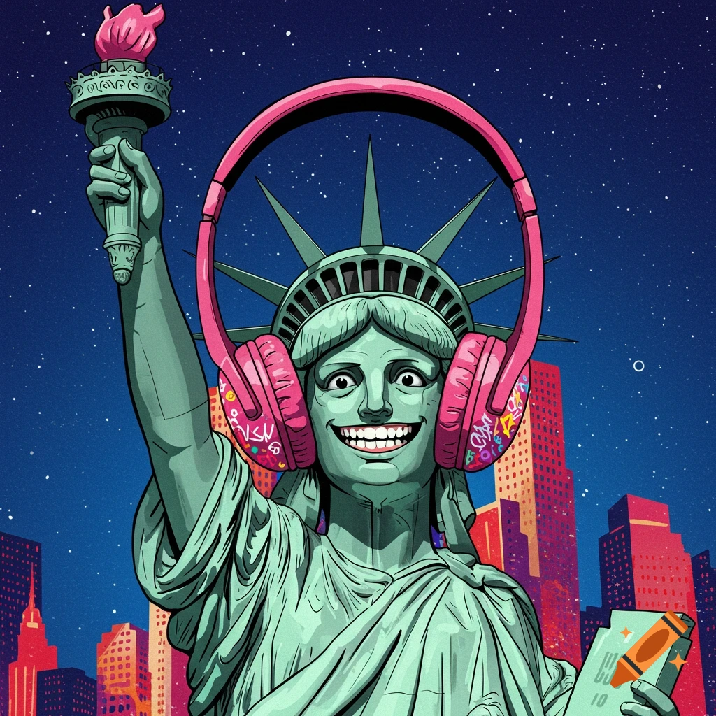 Cartoon Statue of Liberty with pink headphones against a city skyline.