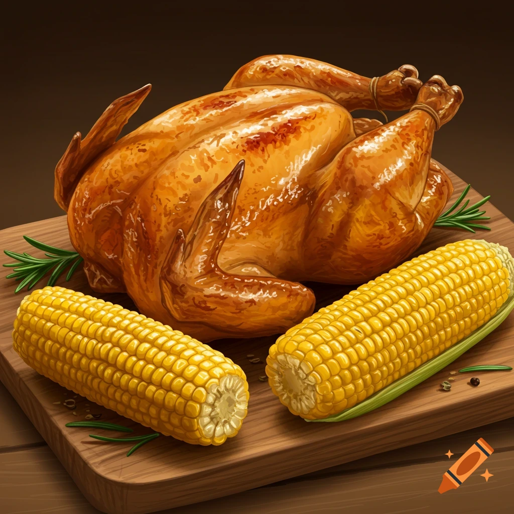 A roasted chicken and two ears of corn on the cob sit on a wooden cutting board.