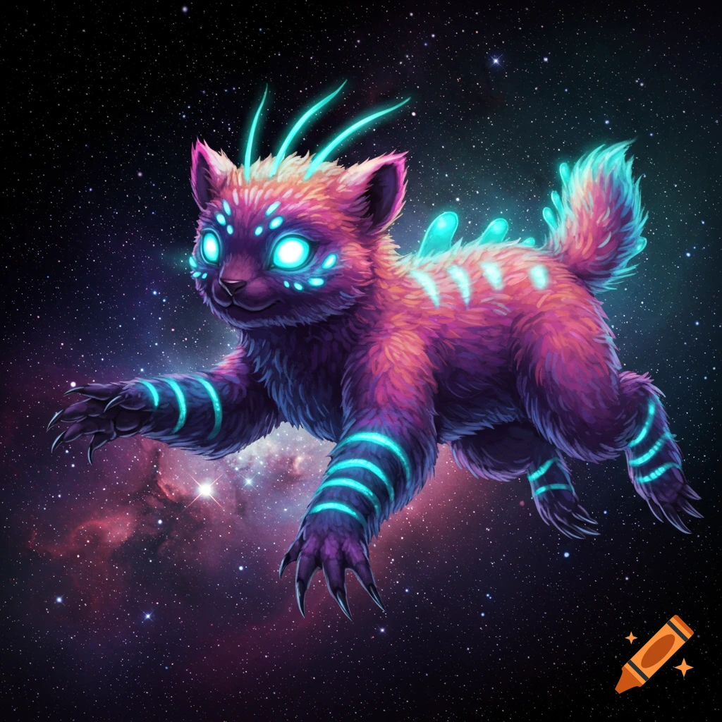 A fluffy pink and purple alien creature glowing blue in space