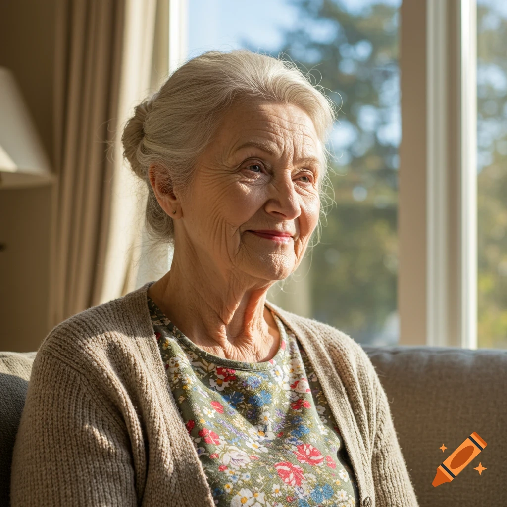 A portrait of an elderly woman sitting by a window