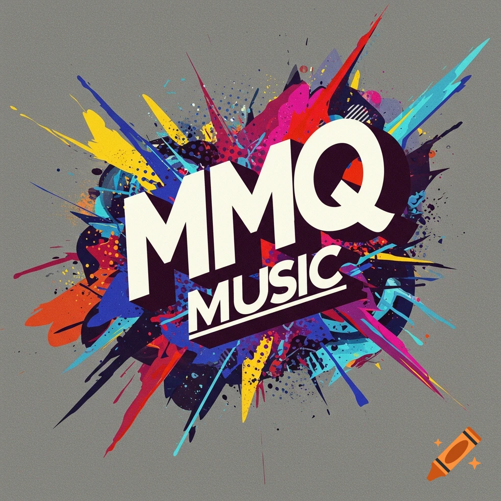 MMQ MUSIC text over colorful abstract paint splatters.