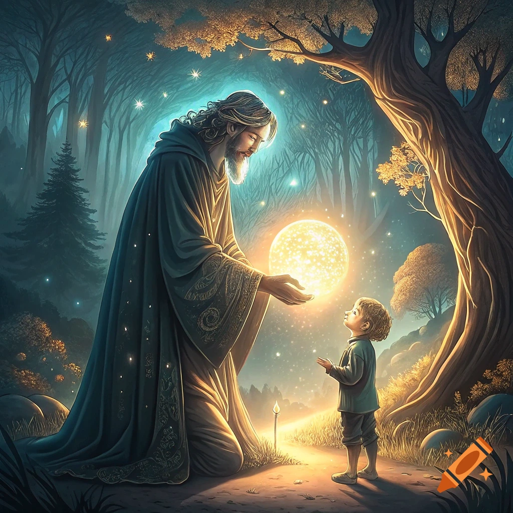 A large robed guardian figure hands a glowing golden sphere to a small child in a dark, mystical forest.