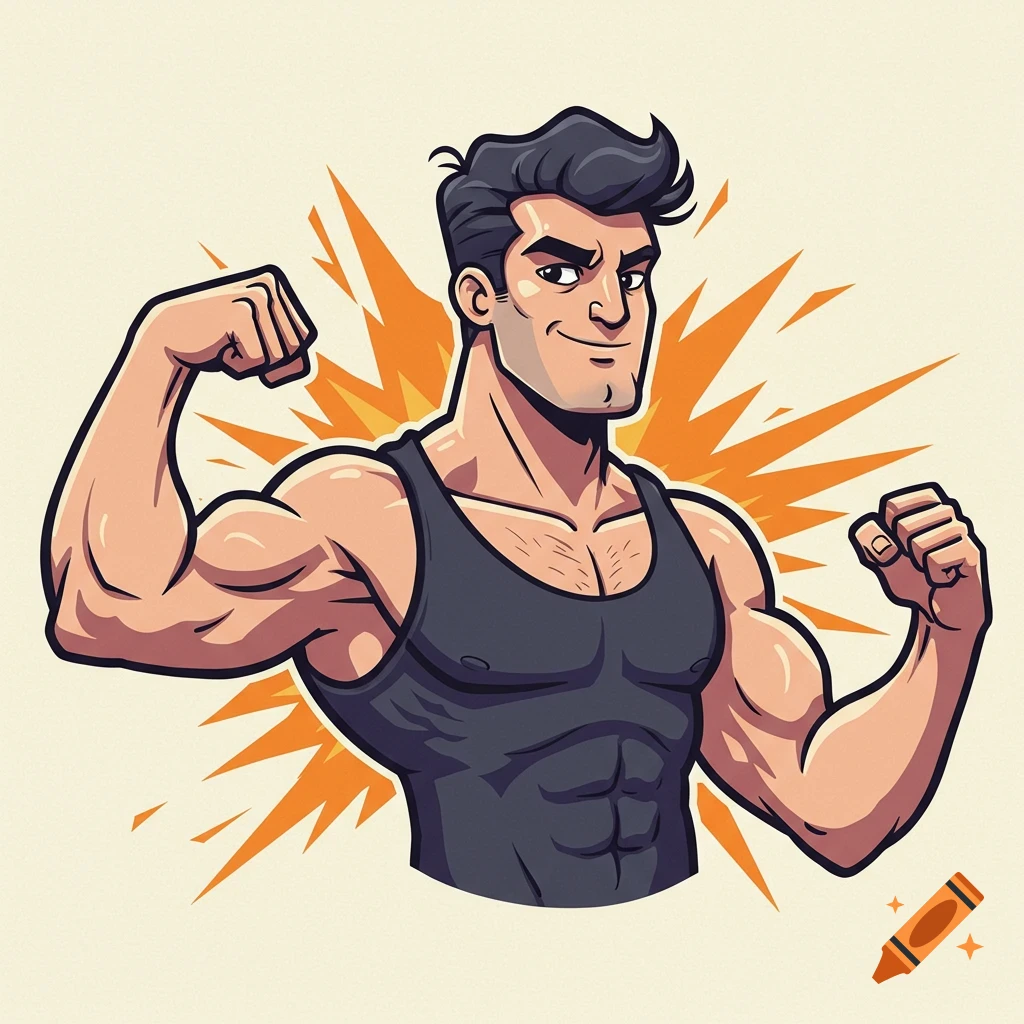 Cartoon man flexing biceps in a tank top with an orange burst background