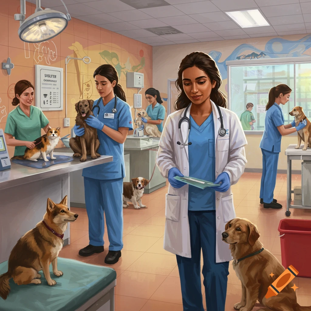 A busy veterinary clinic with vets examining dogs and a cat.