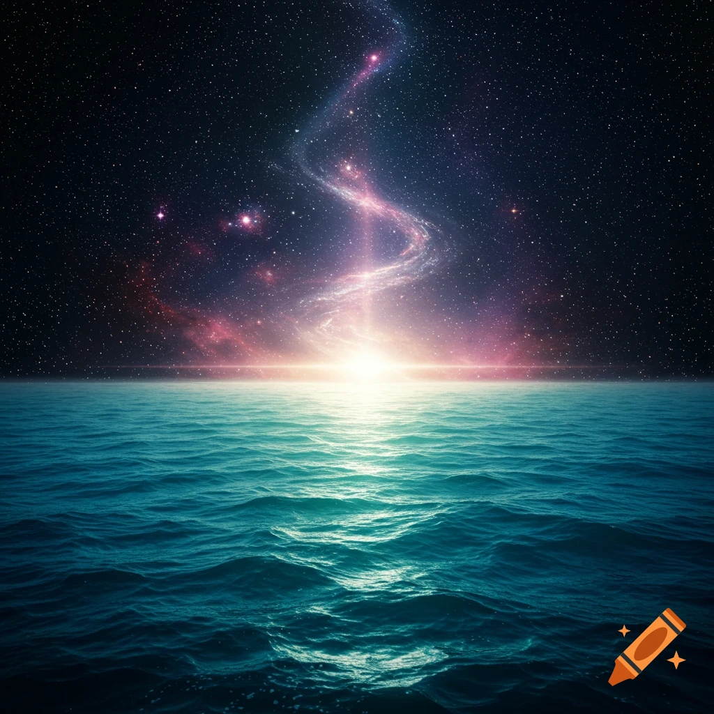A photo of the ocean under a starry night sky with a galaxy and bright light.