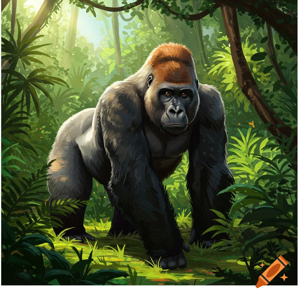A large gorilla in a jungle.