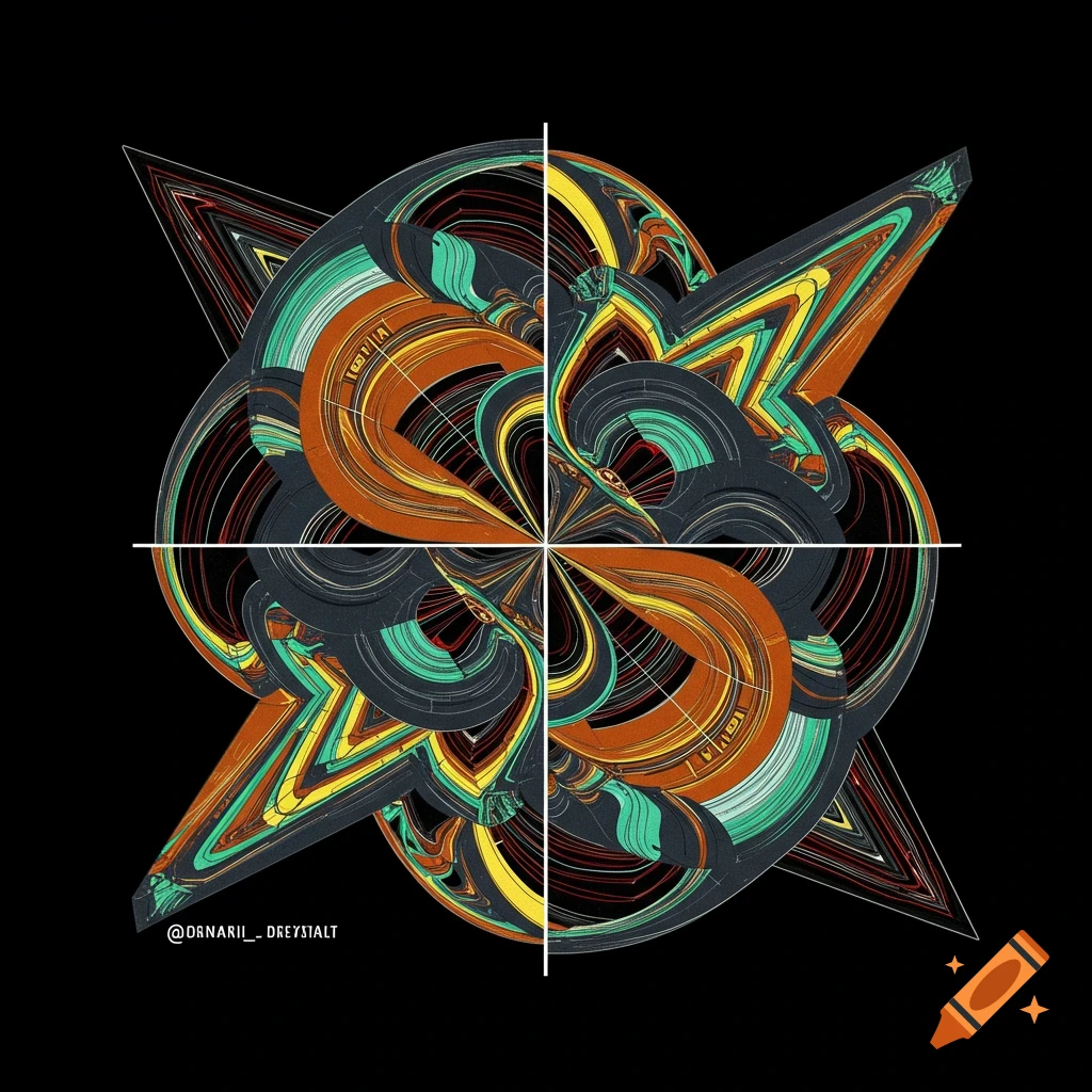 Abstract symmetrical pattern with colorful swirling shapes and points on black.