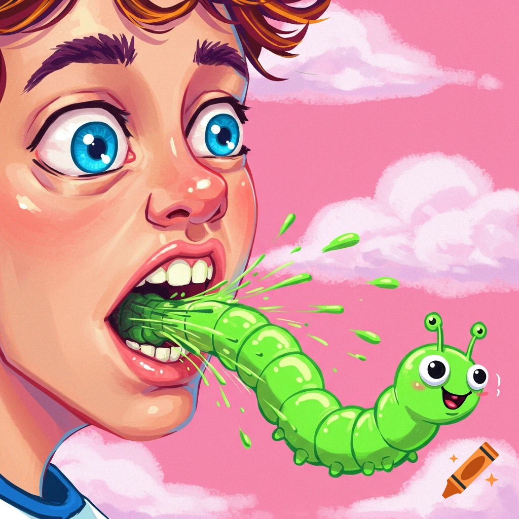 Illustration of a cartoon person with a green caterpillar coming out of their mouth against a pink sky.