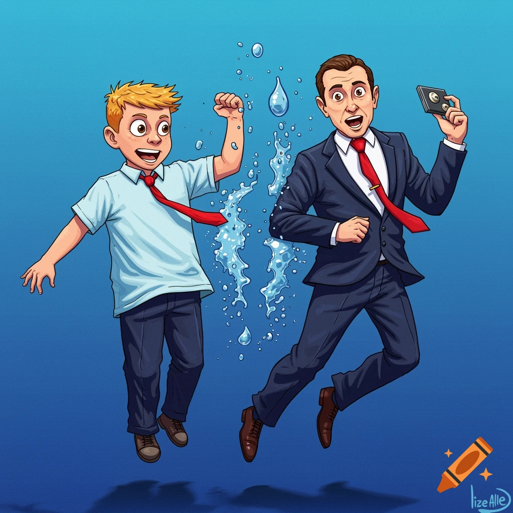 Cartoon illustration of a boy and a man in a suit jumping with water splashes.