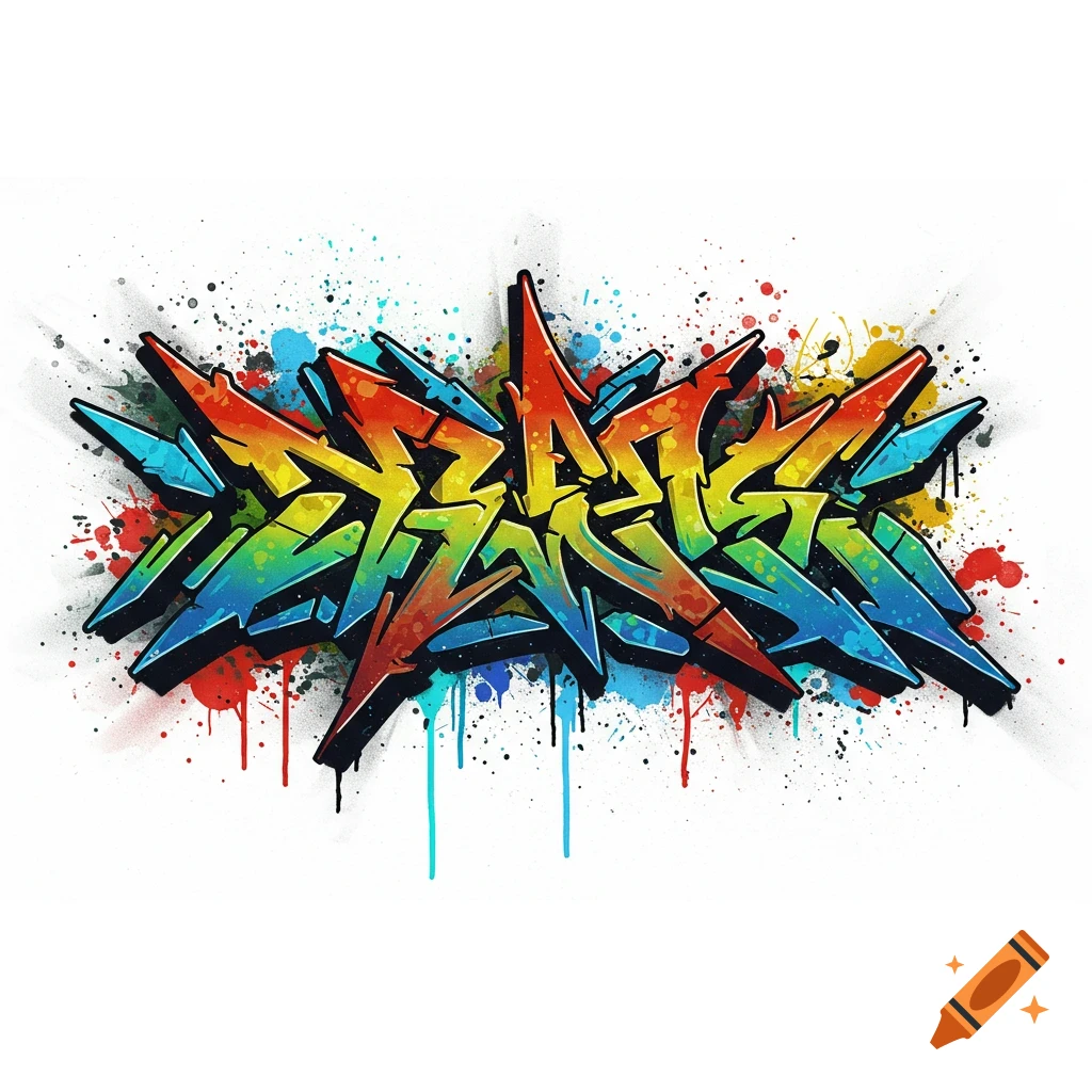 Colorful abstract graffiti art with paint splatters on white background