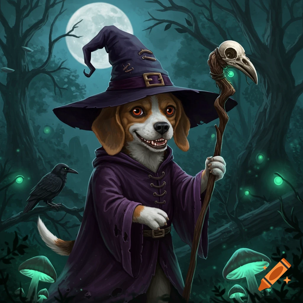 A beagle dog dressed as a witch in a spooky forest with a raven and full moon.
