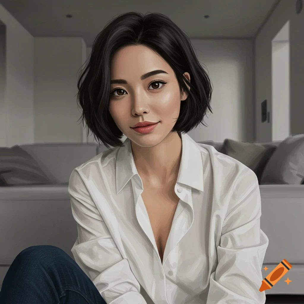 A portrait of a woman with short dark hair, wearing a white shirt, sitting in a room.