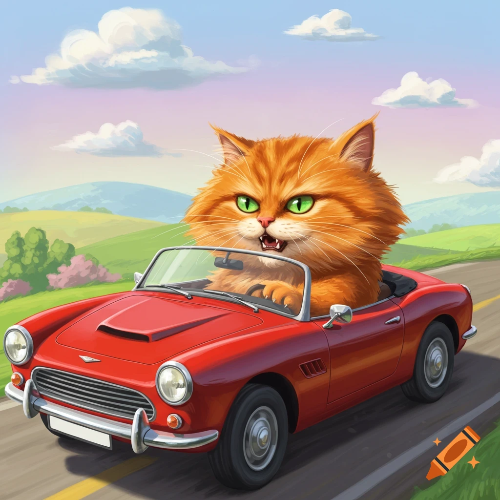 Angry fluffy orange cat driving a red convertible car