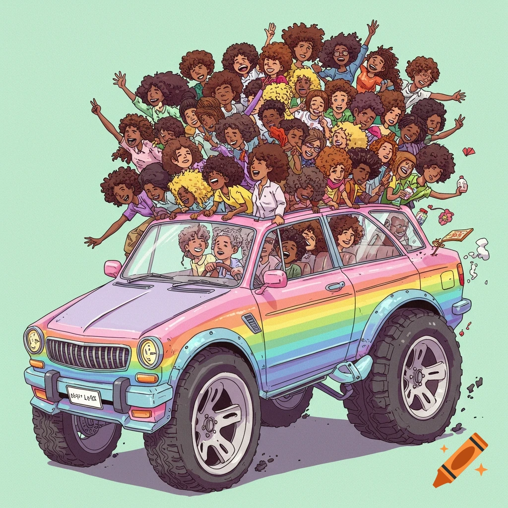 A colorful illustration of a rainbow car packed with many smiling people with curly hair