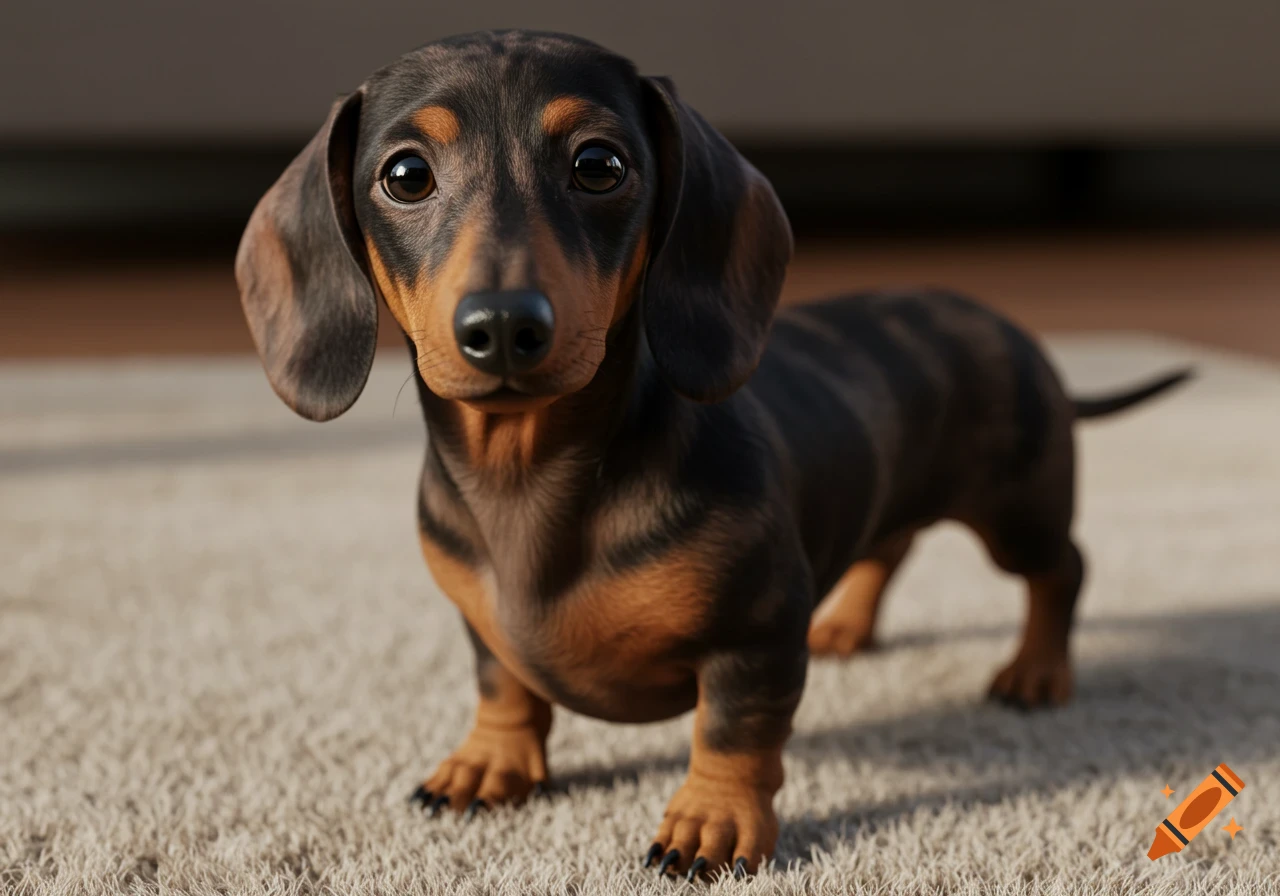 A realistic miniature dachshund puppy stands on a rug, looking at the camera.
