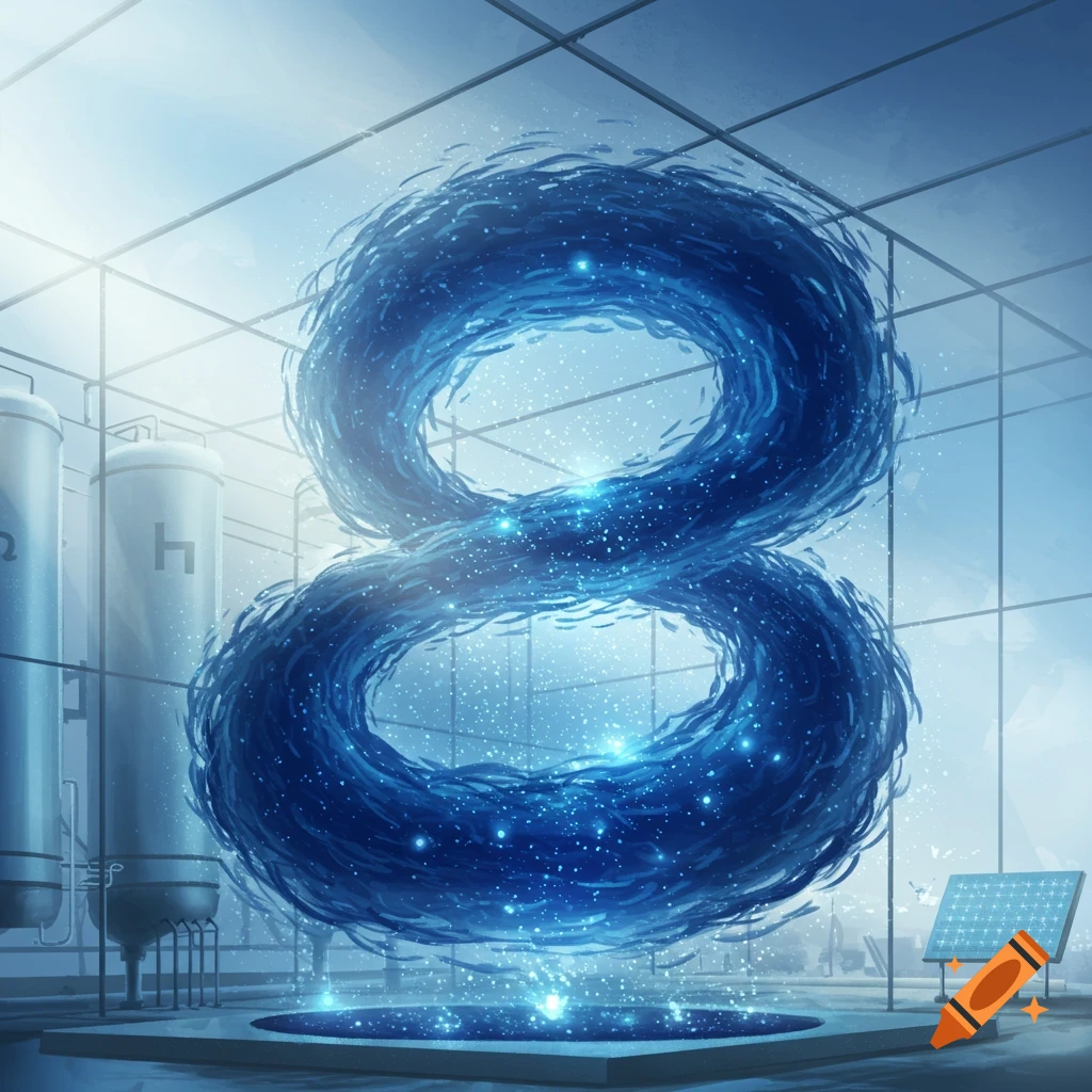 A large glowing blue energy mass shaped like an '8' floating in a futuristic laboratory with tanks and a solar panel.