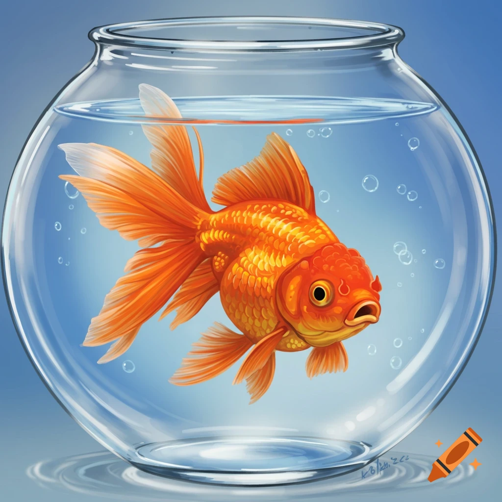 An orange goldfish swimming in a glass bowl.