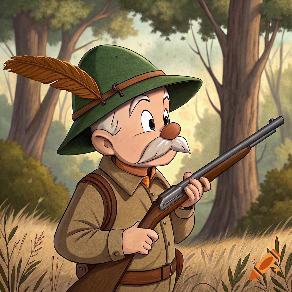 Cartoon character resembling Elmer Fudd in a hunter's hat holding a shotgun in a forest.