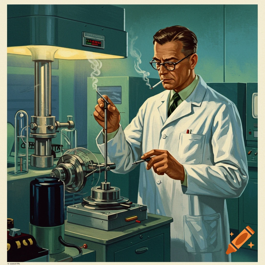 Retro image of a scientist smoking a cigarette while working with lab equipment.