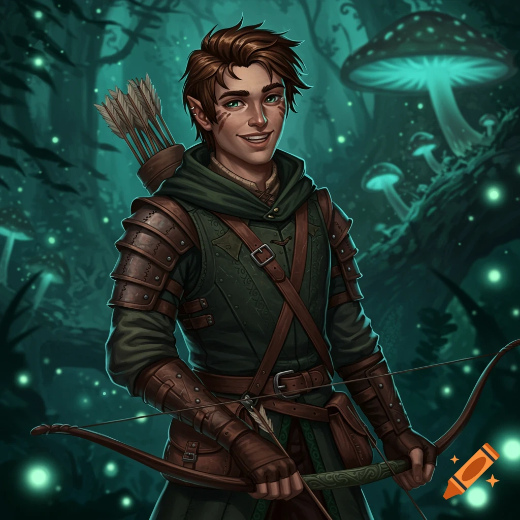 A smiling elf archer in leather armor holds a bow in a dark, glowing forest.
