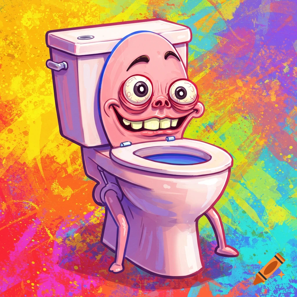Cartoon toilet character with face and legs on colorful background