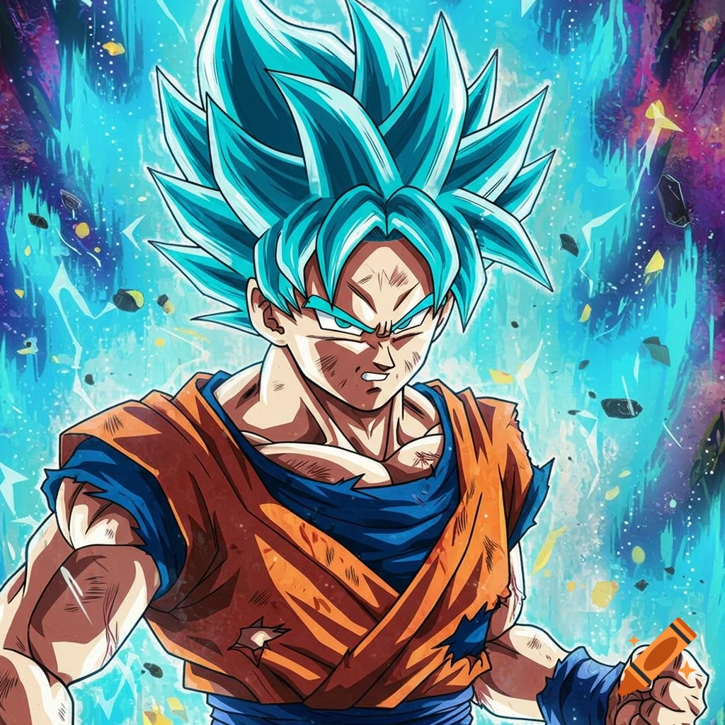 Anime illustration of Goku in Super Saiyan Blue Kaioken form, standing in a battle pose with a vibrant blue energy background.