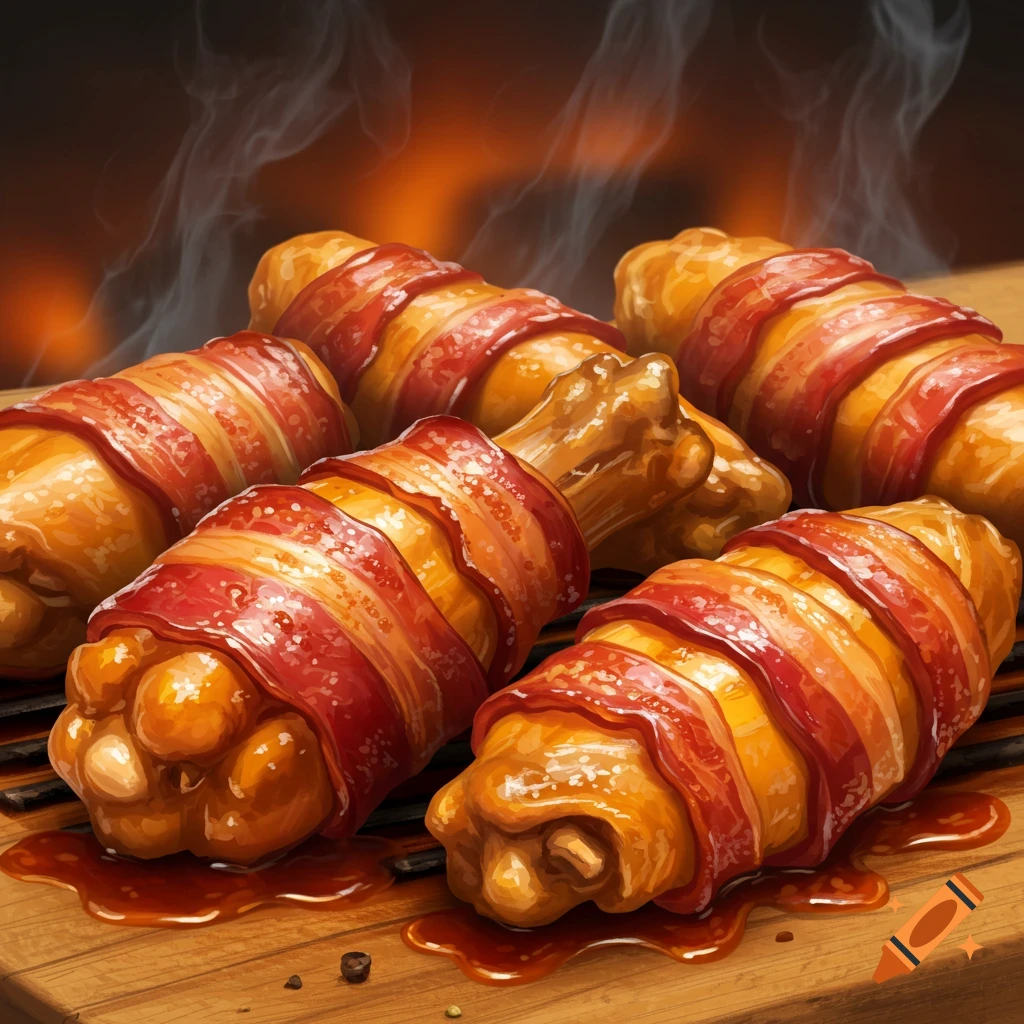 Bacon-wrapped chicken wings on a grill with smoke and fire.