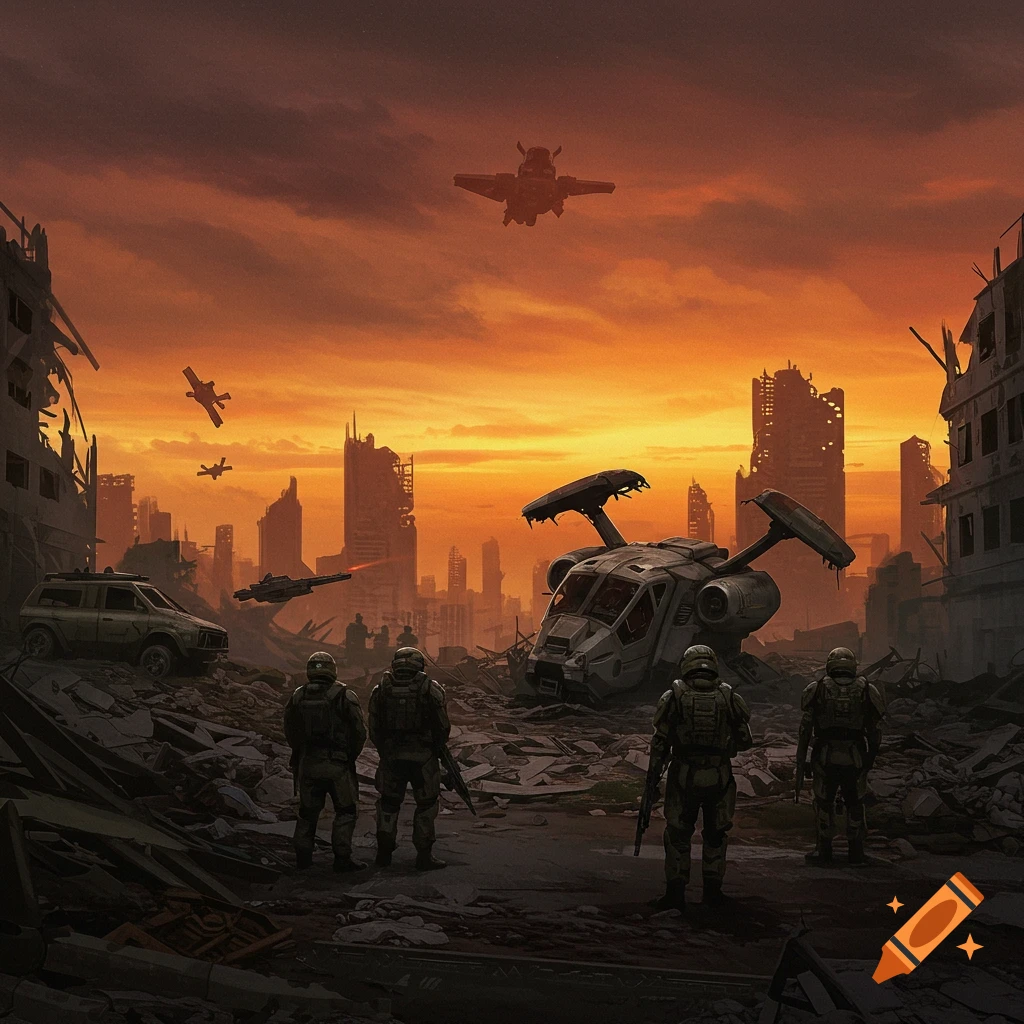 Soldiers stand in a ruined city at sunset with damaged vehicles and aircraft.