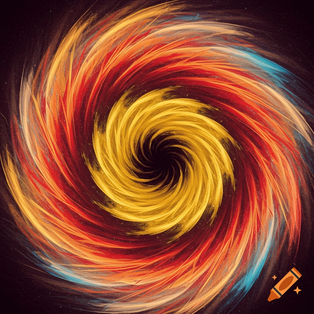 A colorful spiral with yellow, orange, red, and blue brushstrokes swirling outwards on a dark background.