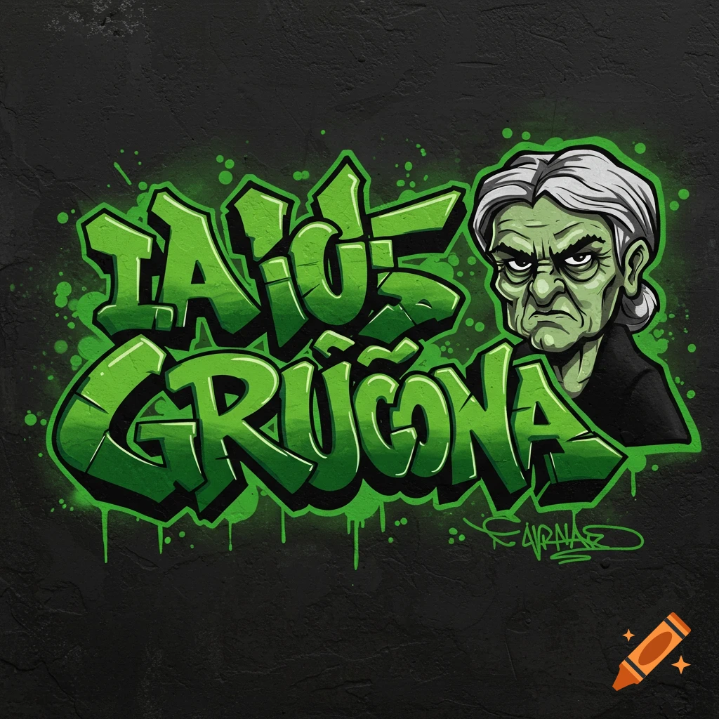 Green graffiti art saying LA GRU
00d1ONA with a grumpy cartoon lady