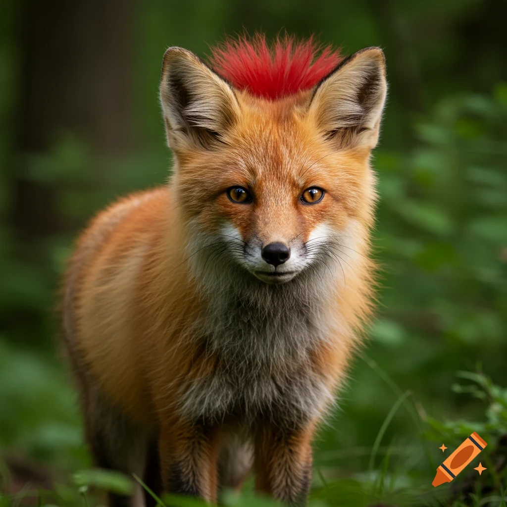 A photorealistic image of a fox with a bright red mohawk standing in a forest.