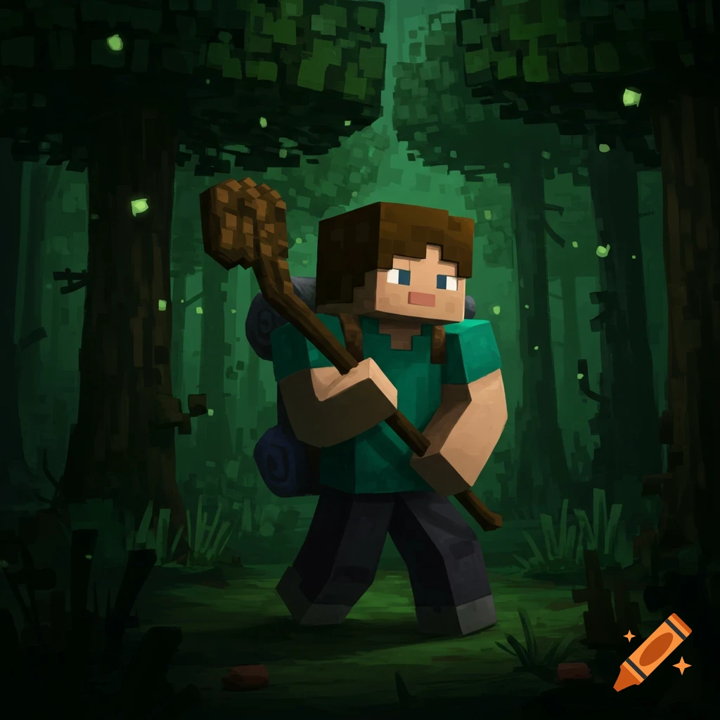 Minecraft character with a hiking stick in a dark forest
