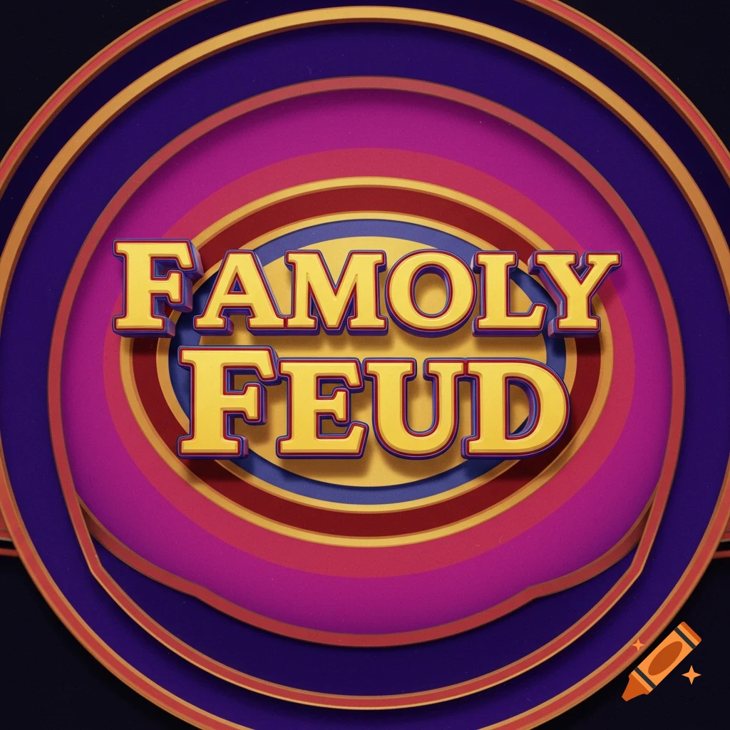 A logo featuring the words FAMOLY FEUD in yellow 3D letters over concentric rings of purple, red, and blue.