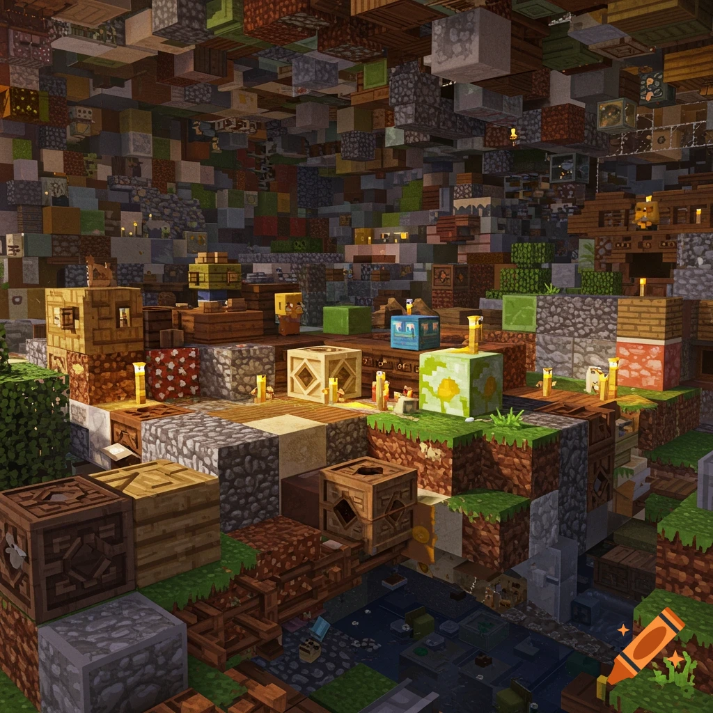 Hyper-realistic rendering of a cave scene in Minecraft filled with various blocks and items.
