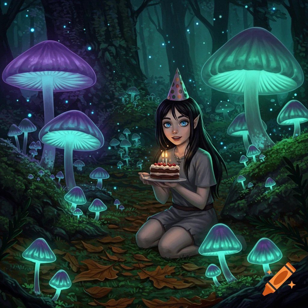 A fantasy person with a party hat holds a birthday cake in a glowing mushroom forest.
