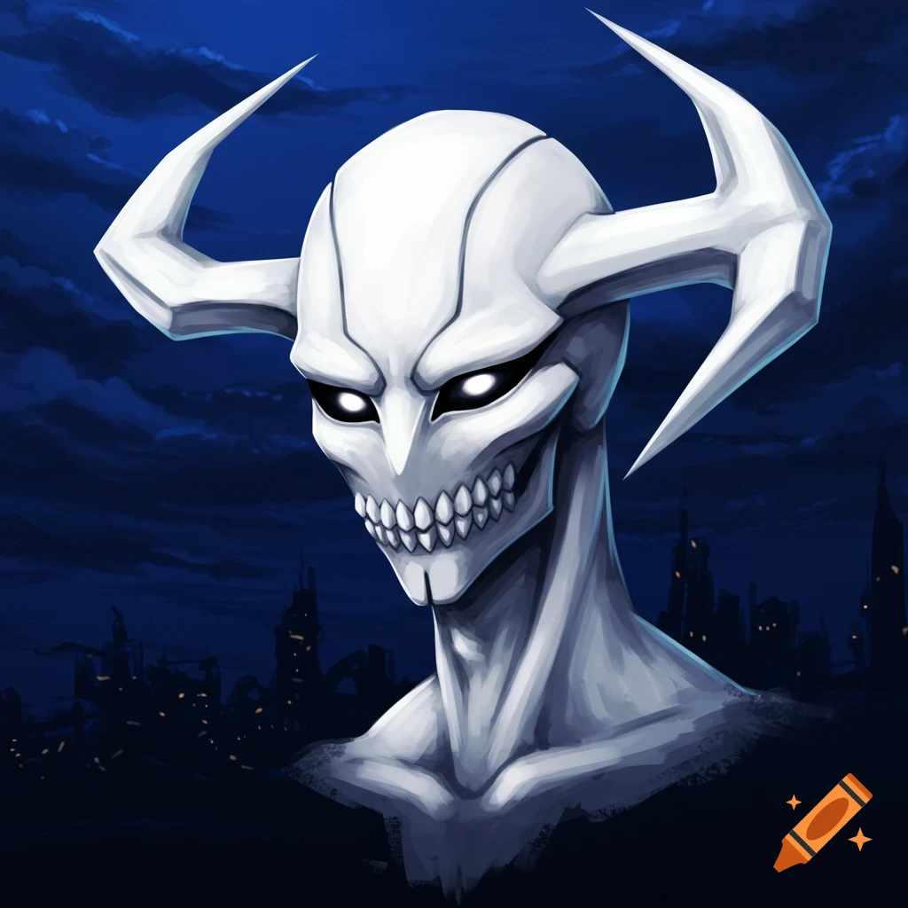 A white creature wearing a skull mask and horns stands against a dark city skyline.