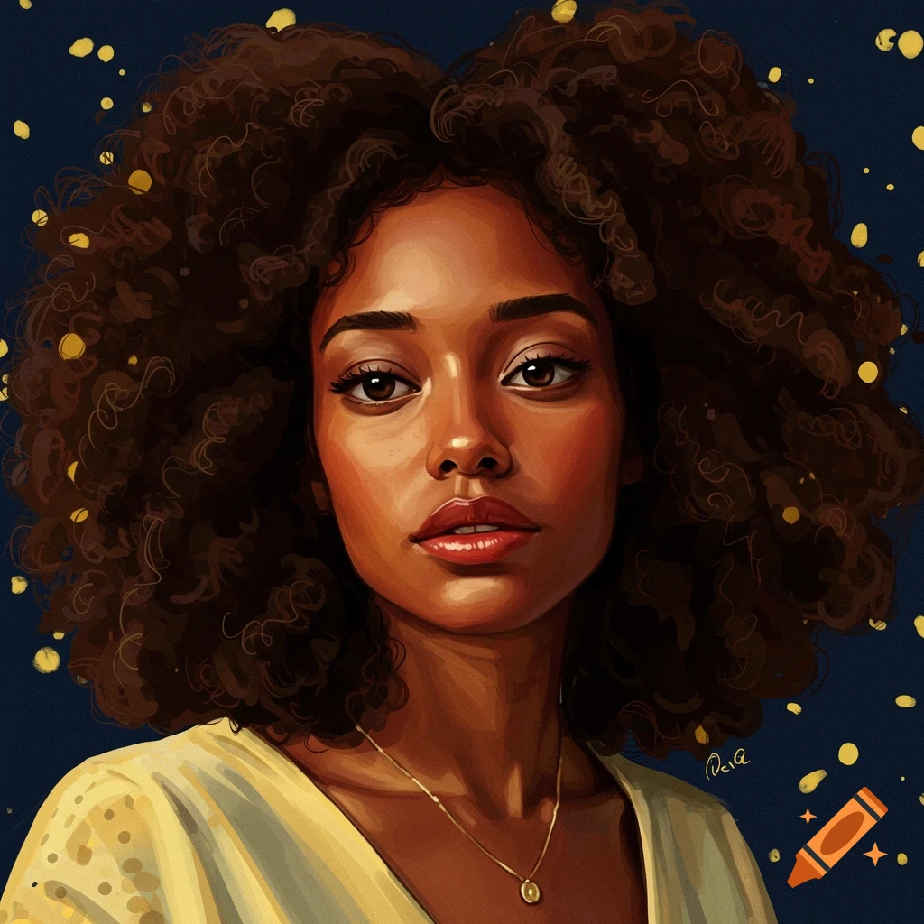 A woman with dark curly hair against a dark background with gold speckles.