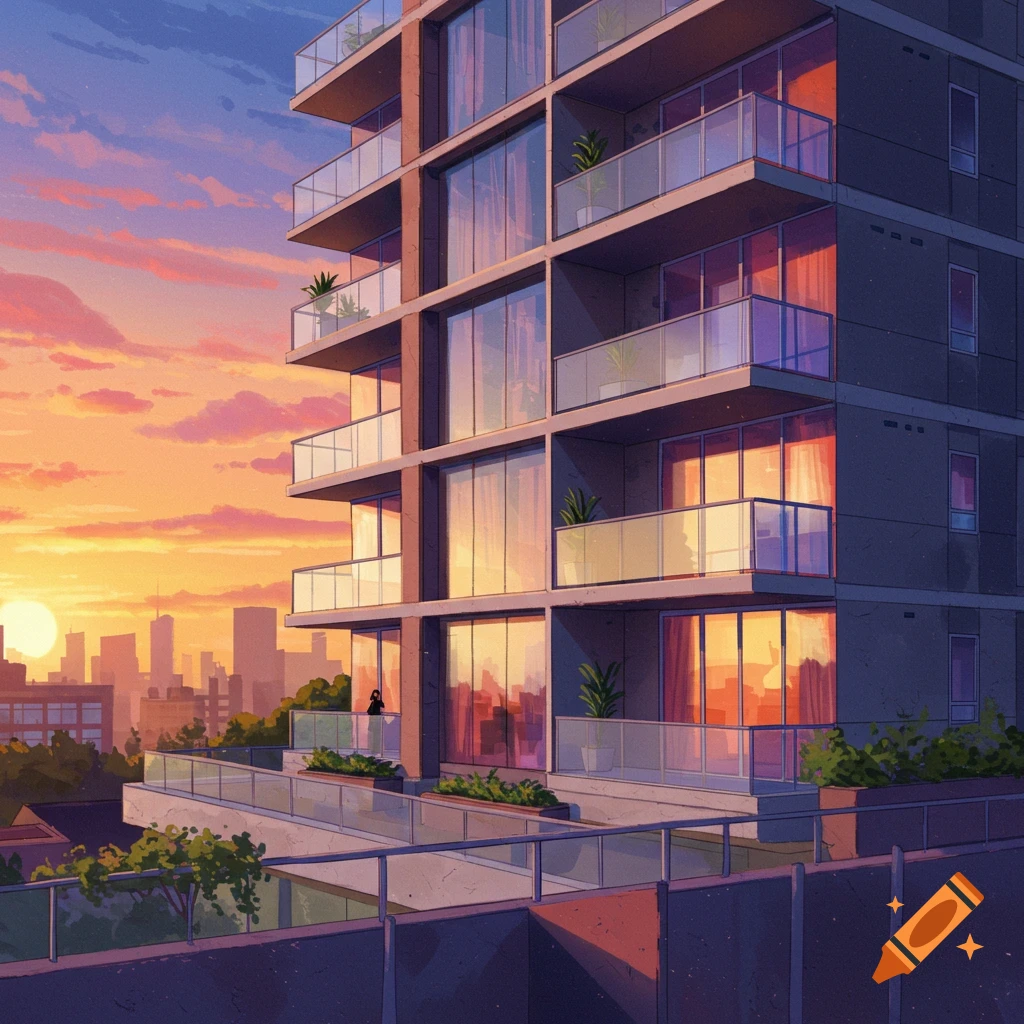 A modern condo building is illuminated by the setting sun, with a city skyline in the background.