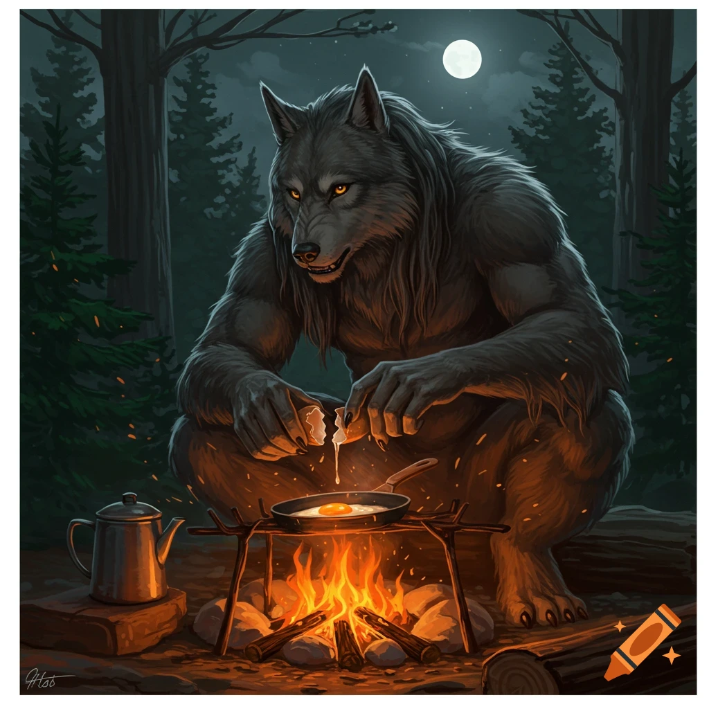 A werewolf is cooking an egg over a campfire under a full moon.