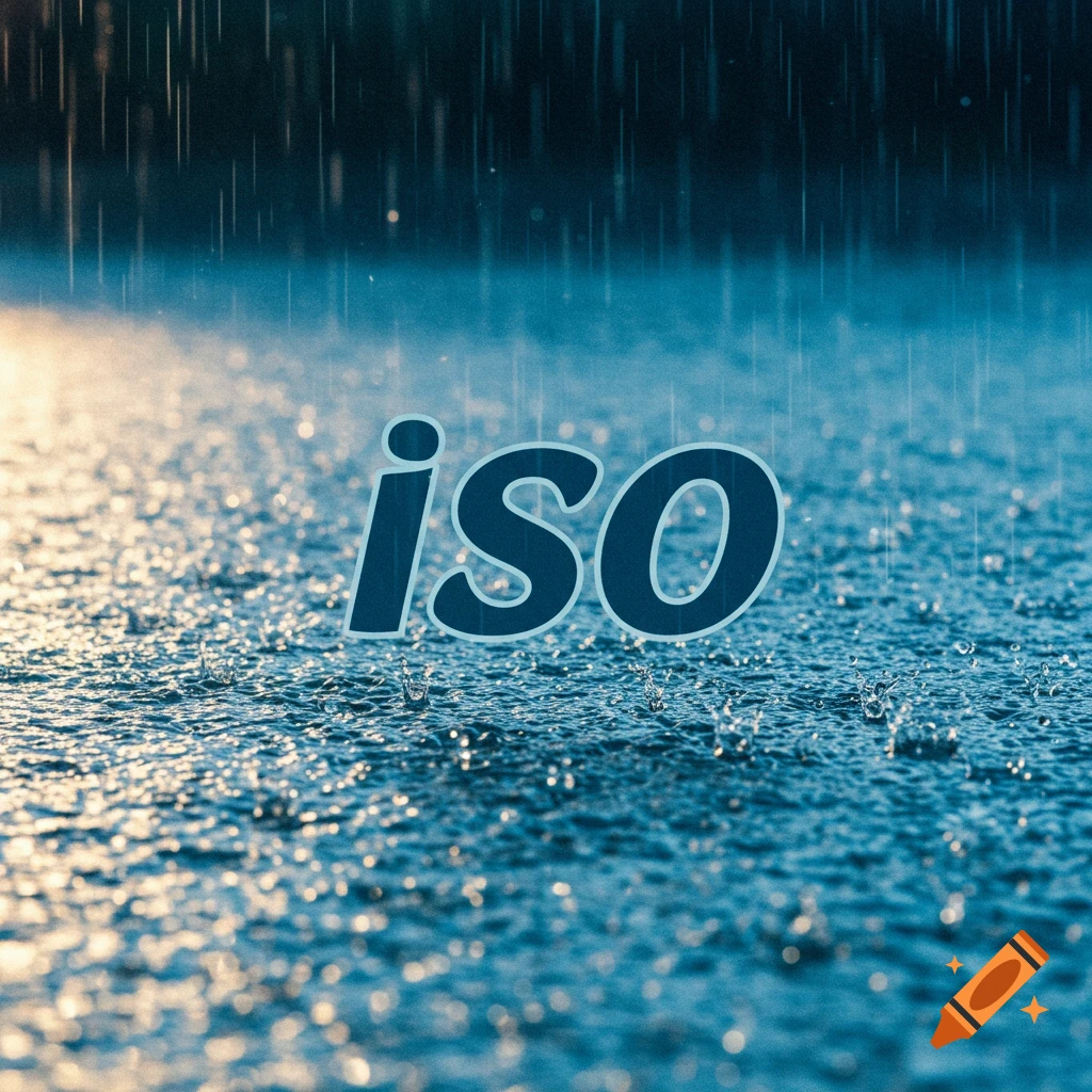 Rain falling on water surface with text 'iso'