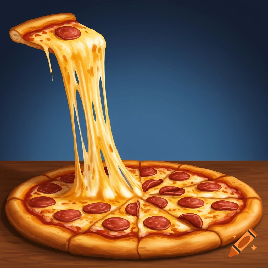 A slice of pepperoni pizza is lifted, with many long strings of melted cheese stretching down to the pizza below, on a wooden table against a blue background.