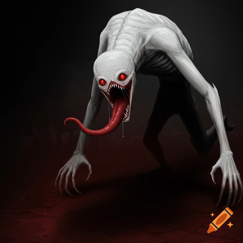 A skinny white monster with red eyes and a long tongue.