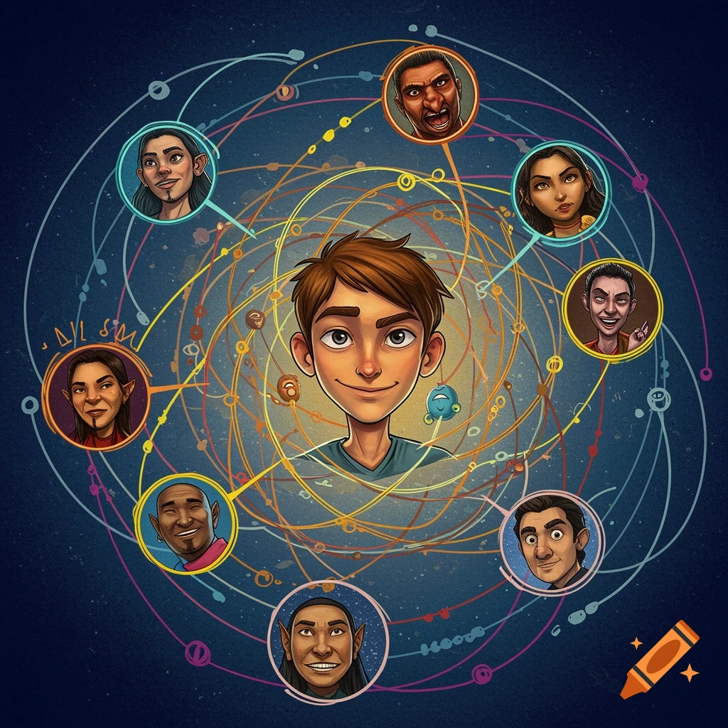 Illustration of a young boy in the center of a web of lines connecting him to portraits of diverse characters.