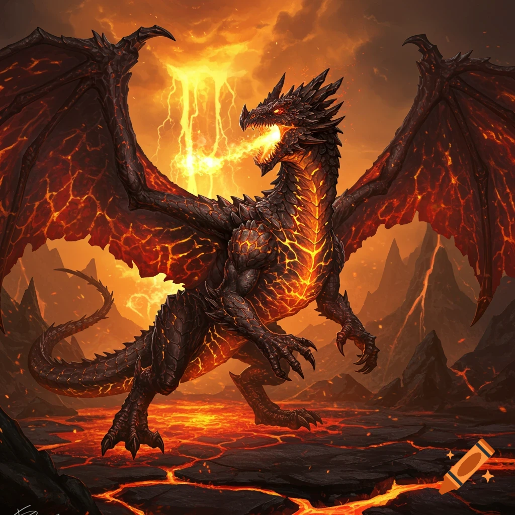 A fiery volcanic dragon breathing fire, standing on cracked ground with lava flows in a volcanic landscape.