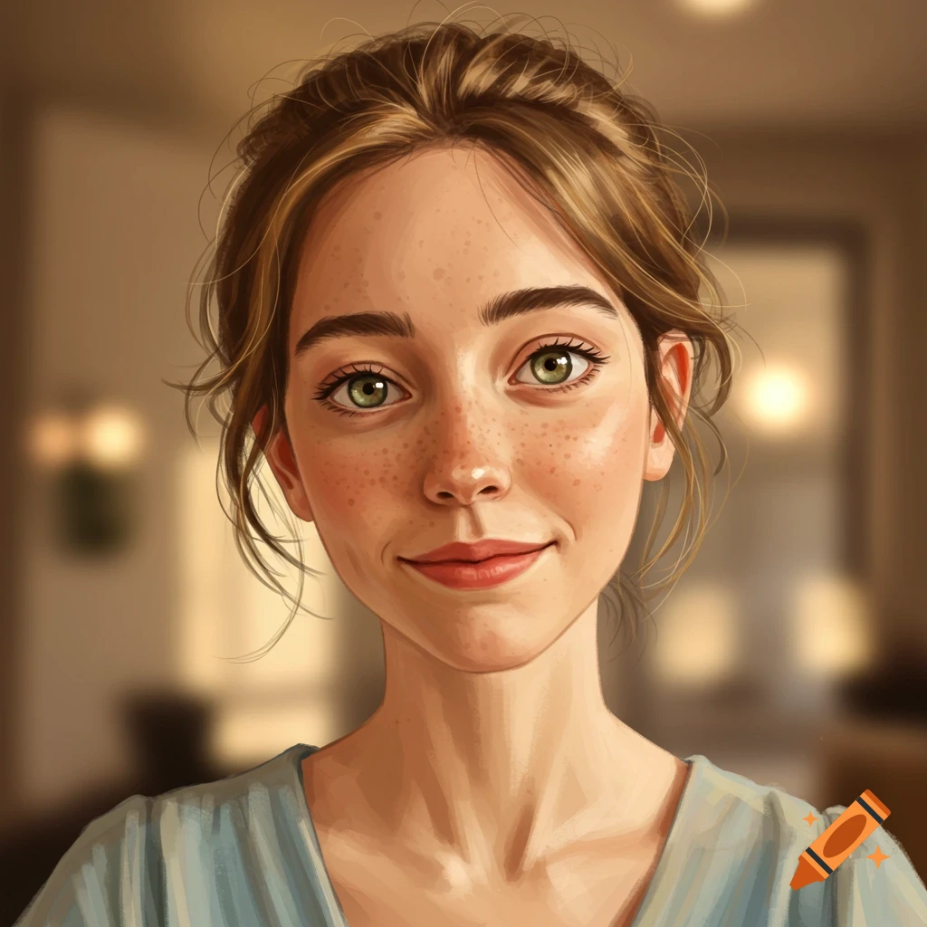 A young woman with freckles and green eyes is smiling.
