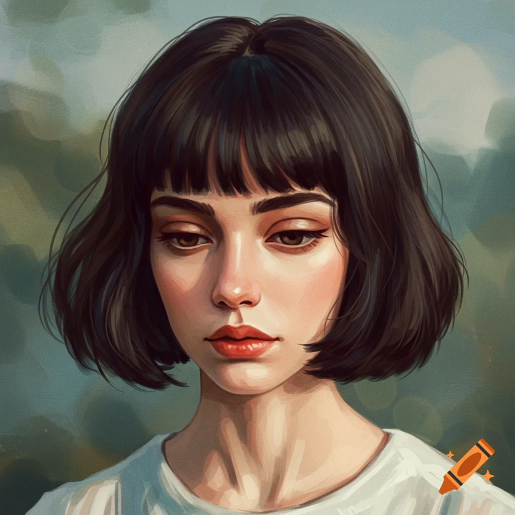 Portrait of a woman with short dark hair and bangs looking down.