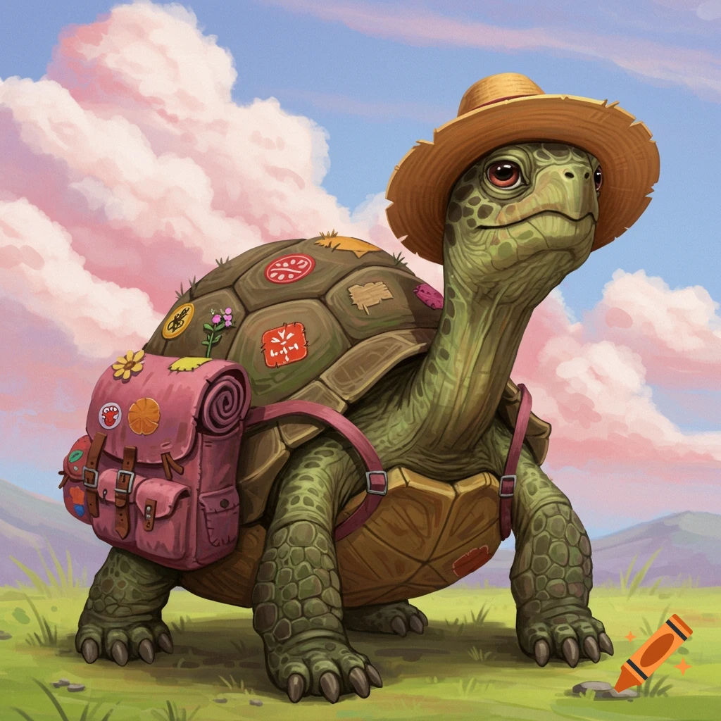 A turtle wearing a straw hat and backpack, standing in a field under a cloudy sky.