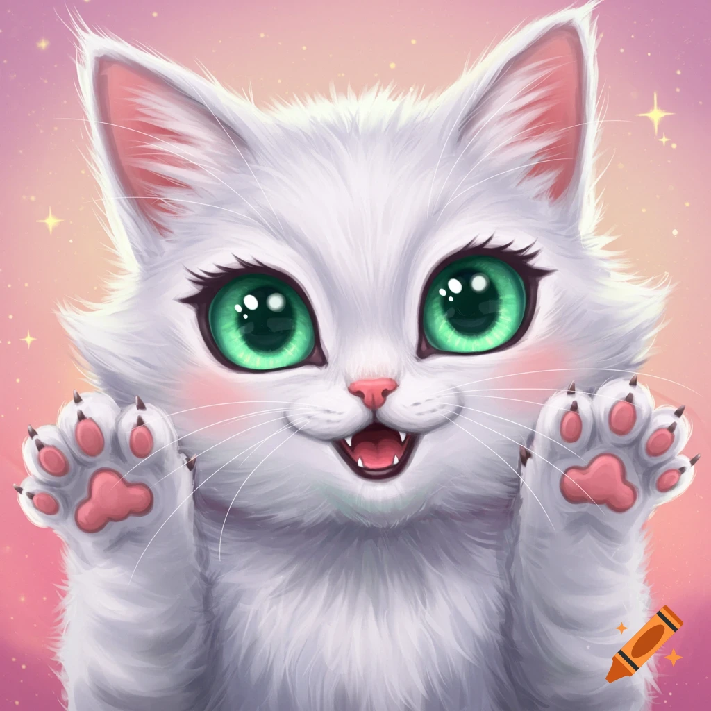 A cute white cartoon cat with big green eyes and pink paws reaches forward, smiling.