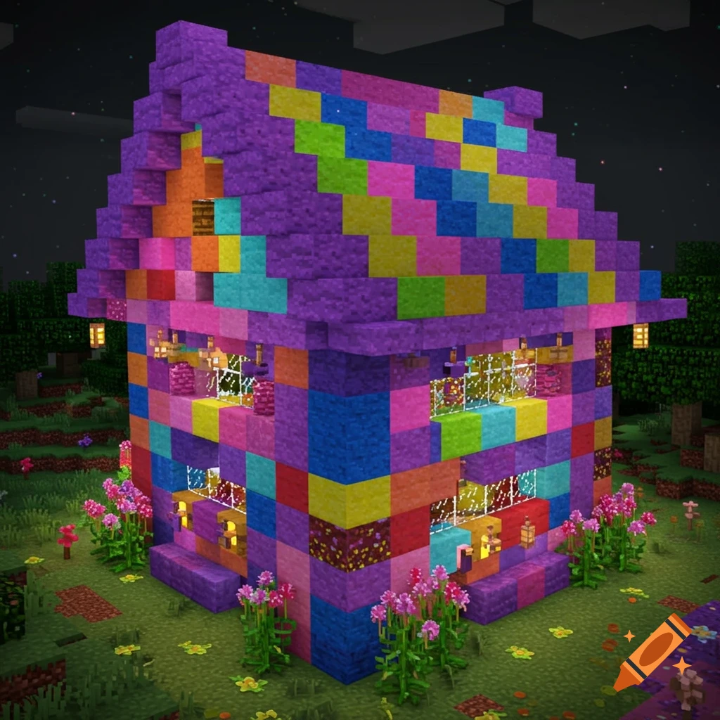 A Minecraft house with a checkered pattern of vibrant neon blocks at night.