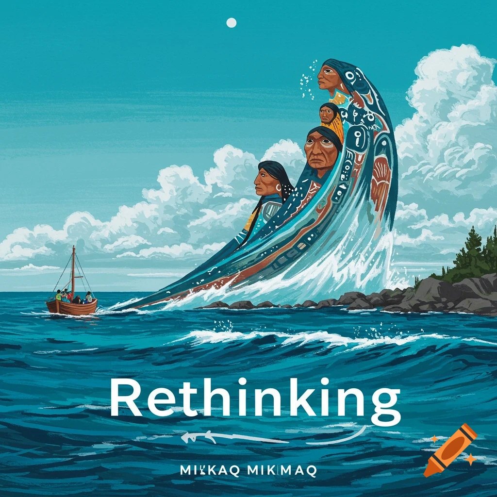 A boat near a shore, with a wave transforming into stylized indigenous figures. Text 'Rethinking MILKAO MILMAQ'.